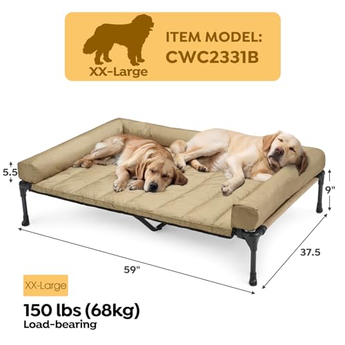 Veehoo Cooling Elevated Dog Bed Add Removable Waterproof Bolster Cushion Mat, Raised Pet Cot with Breathable Teslin Mesh, No-Slip Feet, Dog Couch Bed for Indoor Outdoor, 59x37.5inches, Beige, CWC2331B - color: Beige Coffee, size: 59.0"L x 37.5"W x 9.0"Th