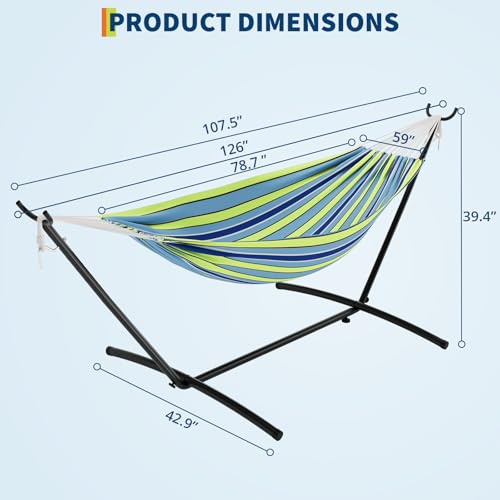 TrailBlaze Double Hammock with Stand, Heavy Duty Portable Steel Hammock Set for Outdoor and Indoor Use, 500lb Capacity, Includes Carrying Bag, Space Saving Design,Quick Assembly - color: Blue-green Stripes