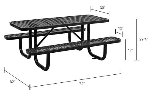 Global Industrial 6’L Rectangular Picnic Table, Expanded Metal, Black Thermoplastic Coating, Attached Benches, 1-1/2” Umbrella Pole Hole, Outdoor-Rated, 1000 lb Capacity, 72” x 30” Tabletop - color: Black