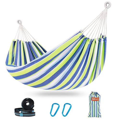 Lazy Daze Hammocks Double Brazilian Cotton Hammock, Extra Large Portable Outdoor Camping Hammock with Tree Straps & Travel Bag for Backyard Patio Poolside Indoor, 550lbs Capacity, Blue & Light Green - color: Blue & Light Green