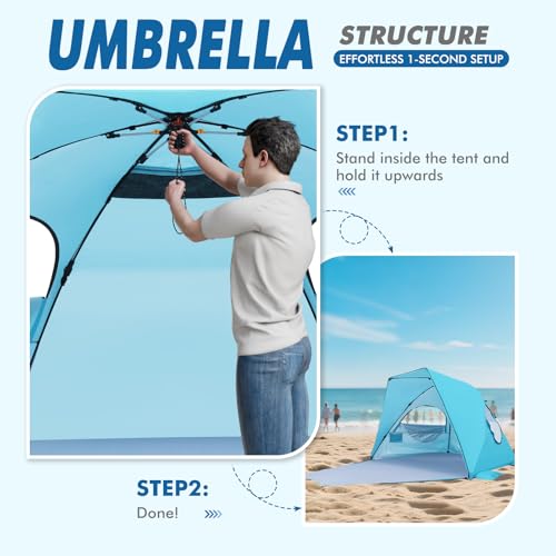 Elegear CumbreX™ Beach Tent with Canopy 4-6 Person, 1-Second Umbrella-Style Setup Pop Up Sun Shelter Shade, UPF 50+ UV Protection Four-Layer Silver-Coated Lightweight Portable Beach Cabana - Aqua Blue - color: Aqua Blue