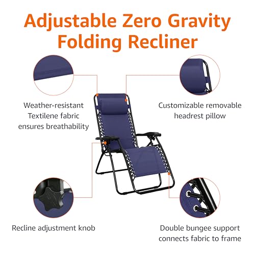 Amazon Basics Outdoor Portable Zero Gravity Reclining Lounge Chair with Headrest Pillow, Textilene, Lightweight, 26", Blue - color: Navy Blue