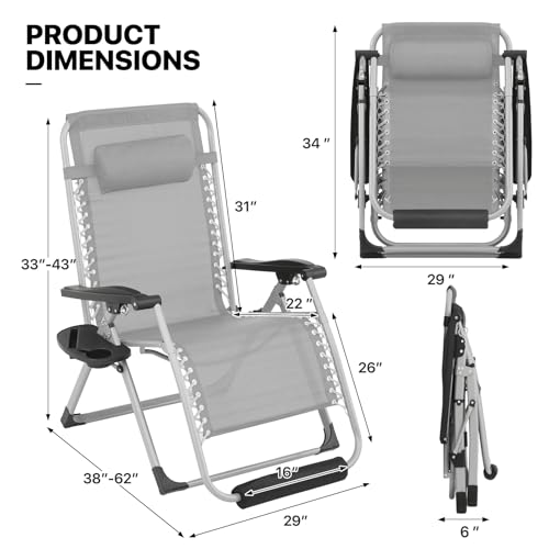 MoNiBloom 29-Inch Oversized Zero Gravity Lounge Chair with Cushion, Padded Patio Anti Gravity Recliner, XL Foldable Outdoor Lounger, Headrest and Footrest for Beach Camping, Grey - color: Grey, size: 29-Inch with Footrest 1-Pack
