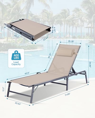 2 Pack Foldable Chaise Lounge Chair with Cup Holder, Assemble-Free Outdoor Lounge Chair with Detachable Pillow and 6 Adjustable Backrest, Patio Lounge Chair for Outside Poolside Beach Pool, Khaki - color: Khaki, size: 2-Pack
