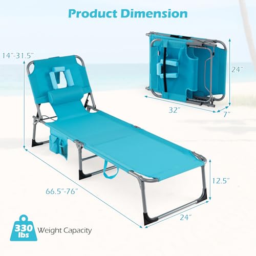 COSTWAY Tanning Chair with Face Hole, Folding Beach Lounge Chair with 4-Position Adjustable Backrest, Pillow & Side Pocket, Foldable Chaise Lounge Chair Outdoor for Sunbathing, Camping (1, Turquoise) - color: Turquoise