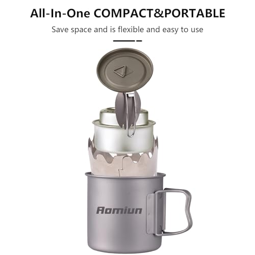 Titanium Camping Cookware Cup/Burner Combination 500ml Titanium Cup with Foldable Handle & Lid Spork Spoon Alcohol Stove Windscreen, Camping Cooking Stove and Cup Set for Backpacking