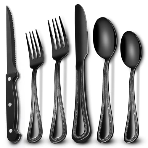 EWFEN 24-Piece Black Silverware Set with Steak Knives, Black Flatware Set for 4, Food-Grade Stainless Steel Tableware Cutlery Set, Mirror Finished Utensil Sets for Home Restaurant, Pearled Edge - style: Pearled Edge