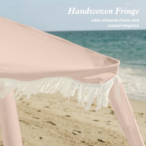 AMMSUN Beach Cabana with Fringe, 7' x 7' Boho Beach Canopy with Tassels, Easy Set up & Premium Wood Pole, Cabana Tent with Sand Pockets, Instant Sun Shade for Sand, Garden, Patio, Pink Coral - color: Pink Coral