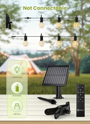 Brightown Solar String Lights Outdoor Waterproof with Remote Cable Ties and Hooks, 38FT Patio Lights with 15 LED Shatterproof Bulbs, 3 Light Modes, Dimmable Hanging Lights for Backyard Party Decor - size: 38FT G40