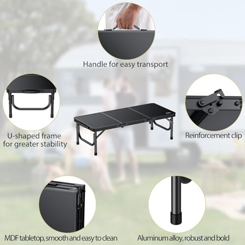 Anbte 3ft Low Folding Picnic Table, 10.3" Height Thicker Aluminum Small Camping Table with Storage Bag, Portable Handle, Lightweight, for Camping Beach Party Picnic Floor, 34.2" x 15.7", Black - color: Black, size: 34.2" x 15.7" x 10.3"