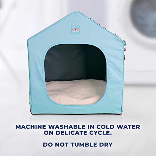 Pawtitas Portable Dog House for Small and Medium Dogs Comes with A Removable Cushion Pet Bed Mat Pillow | Anti-Slip Pad Under The House | Easy to Install, No Tools Or Screws are Required - Teal Comic