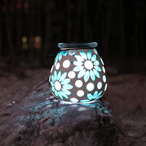 Afirst Mosaic Solar Lanterns Outdoor - Glass Hanging Solar Lights Hollow Out Waterproof Table Lamp Outdoor Decorative for Garden, Patio, Holiday Party Outdoor Decoration - style: Blue daisy