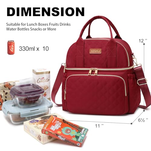 AIJIEKE Large Insulated Lunch Bag for Women, Double Compartment Leakproof Lunch Box for Work Office, Reusable Cooler Tote with Adjustable Strap & Side Pockets for Adults Picnic Beach, Red - color: Red
