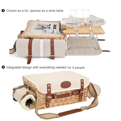 Multifunctional Wicker Picnic Basket Set for 4 with Blanket and Picnic Table, Insulated Picnic Set with Full Tablewares for Camping Outdoor Couples,Natural - color: Natural With Blanket &Table for 4