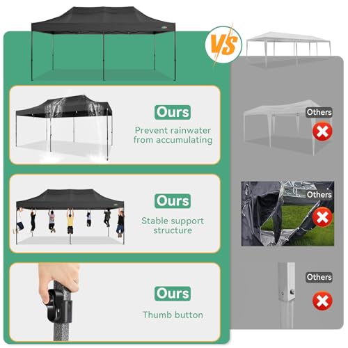 COBIZI 10x20 Heavy Duty Pop Up Canopy Tent with 6 Sidewalls Thicken Frame, Commercial Easy Up Outdoor Wedding Party Tents, All Season Waterproof Windproof with Stakes Sandbags Ropes Roller Bag, Black - color: Black, size: 10x20