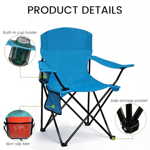 Folding Camping Chair with Cup Holder & Side Storage Bag 300lbs Capacity Lightweight High Back Portable for Beach, Picnic, Sport, Blue - color: Blue, size: 1 Pack