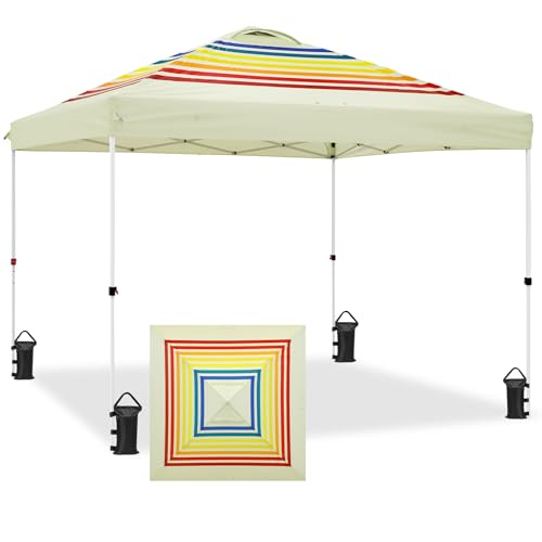 EAGLE PEAK Pop Up Canopy Tent with Wheeled Carry Bag, 8 Stakes, 4 Ropes, 4 Weight Bags, Easy Set Up Tent Canopy, 10x10 ft, 100sqft of Shade, Retro Stripe Tan - color: Retro Stripe Tan, size: 10x10