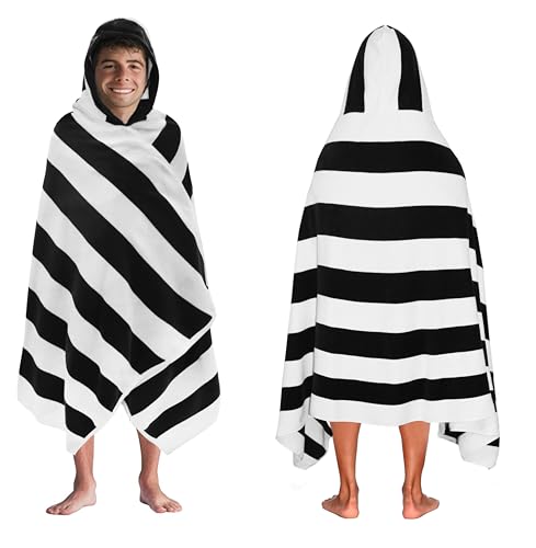 COTTON CRAFT Hooded Beach Towel – Oversized 39 x 68 Towel with Hood for Adults - 100% Ringspun Cotton Velour Terry Towel - 450 GSM Super Soft Plush Absorbent Quick Dry Bath Wrap – Cabana Stripe Black - color: Cabana Stripe - Black, size: 1 Pack - 39x68 Ho