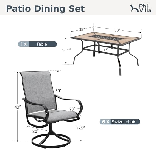 PHI VILLA 7 Piece Patio Dining Set, 6 Swivel Patio Chairs with Textilene Mesh Fabric & Rectangular Wooden-Like Dining Table(1.6" Umbrella Hole), All Weather Patio Chairs and Table Set for Deck (Grey) - color: Grey Fabric, size: 61"L x 38"W x 28"H-7 Piece-
