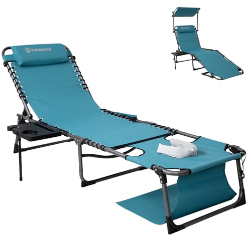 FUNDANGO 4 in 1 Tanning Chair with Face Hole, Beach Lounge Chair w/Canopy Shade & Side Table Chaise Lounge Chairs for Patio, Pool, Lawn, Sunbathing, 5-Position Adjustable Sun Lounger, Cyan - color: #Ucp 1 Pack Cyan, style: UltimateComfort Pro 5 Position C