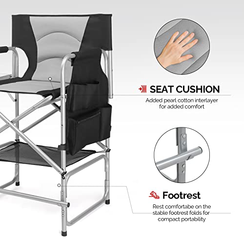 mefeir Tall Camping Chair Makeup Artist Director Chair 26" Counter Height, Portable Folding Design with Side Table, Cup Holder & Side Storage Bag, Heavy-Duty Iron Frame (300 lbs Capacity) - color: Black/Gray, size: 26in