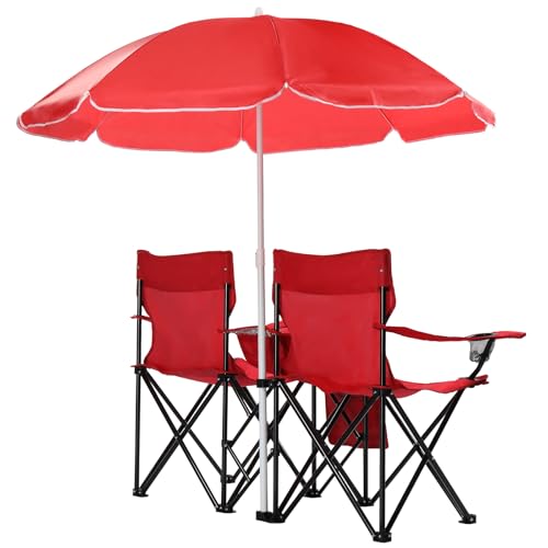 Double Folding Camping Chair W/Umbrella Fold Up Table Beverage Holder Carrying Bag Cooler for Patio Pool Park Outdoor Beach, Picnic, Portable (Red) - color: Red