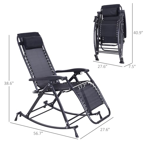 Outsunny Outdoor Rocking Chairs, Foldable Reclining Zero Gravity Lounge Rocker with Pillow, Cup & Phone Holder, Combo Design with Folding Legs, Black - color: Black, size: 1 Pack