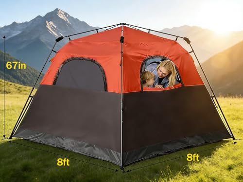 3/4 Person Camping Tent with 1 Door, 4 Windows, and Upgraded Ventilation– Instant Setup, Waterproof, 8'x 8'x 67''Oxford Fabric Floor Pop Up in 60 Seconds Includes Rainfly and Backpack - color: 4 Person Brick Red/2-Layer
