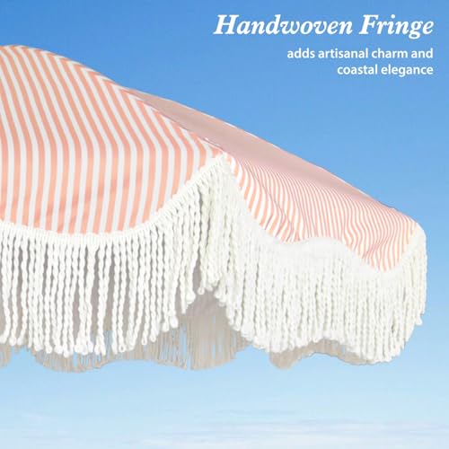AMMSUN Boho Fringe Umbrella Outdoor Patio, 6.5ft UPF50+ Picnic Umbrella with Tassels with Steel Pole and Push Button Tilt, Pink Stripe - color: Pink Stripe
