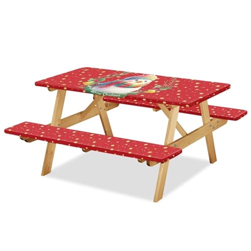 Camping Tablecloth with Elastic Band for Camping Party Supplies Christmas Snowman Picnic Table Cover with Bench Covers 3 PCS - color: Christmas Snowman, size: Small
