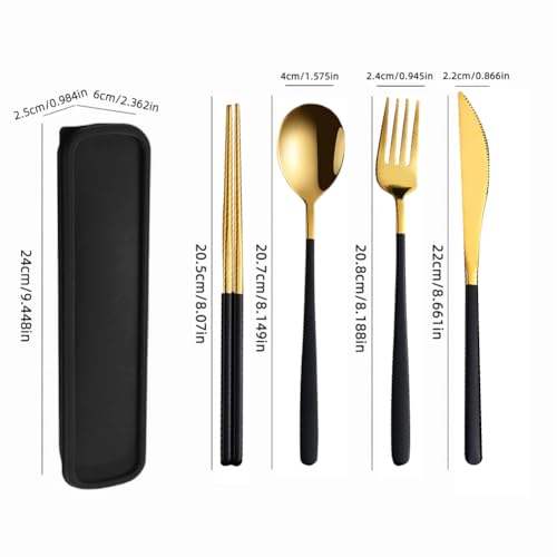4 Pieces Utensils Set with Case, Portable Reusable Stainless Steel Cutlery Set, Chopsticks Knife Fork and Spoon Lunch Utensils Set for Travel