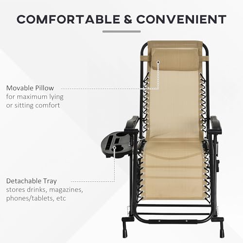 Outsunny Set of 2 Outdoor Rocking Chairs, Foldable Reclining Zero Gravity Lounge Rocker with Pillow, Cup & Phone Holder, Combo Design with Folding Legs, Beige - color: Beige, size: 2 Packs