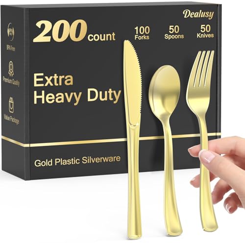 Dealusy 200 Count Heavy Duty Gold Plastic Silverware, 100 Forks, 50 Spoons, 50 Knives, BPA-Free, Heat Resistant, Disposable Plastic Utensils Set Cutlery Set, Plasticware Bulk - color: Gold