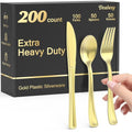 Dealusy 200 Count Heavy Duty Gold Plastic Silverware, 100 Forks, 50 Spoons, 50 Knives, BPA-Free, Heat Resistant, Disposable Plastic Utensils Set Cutlery Set, Plasticware Bulk - color: Gold
