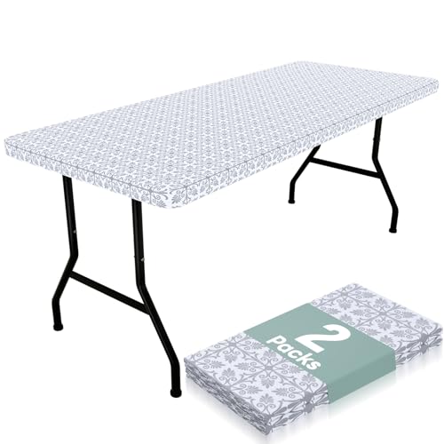 misaya 2 Pack Rectangle Vinyl Table Cloth, Elastic Fitted Flannel Backed Tablecloth, 100% Waterproof Plastic Table Cover Fits Folding Tables for Picnic, Camping, Outdoor (Silver Grey, 30" x 72") - color: Silver Grey, size: 72" x 30" (Rectangular) - 2 Pack