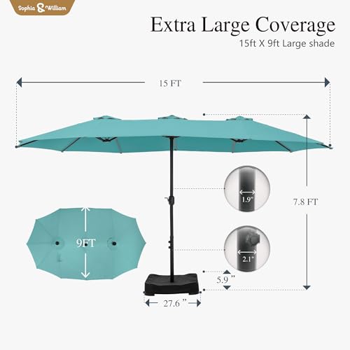 Sophia & William 15 ft Extra Large Patio Umbrella with Base Included, Rectangular Outdoor Umbrella Heavy Duty, Market Umbrella Double-sided Fade Resistant for Pool Garden Backyard, Turquoise - color: Turquoise