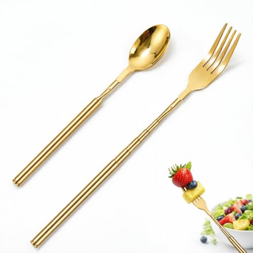 2 Pcs Extendable Fork Spoon Set 8.7 To 25.5in Extendable Long Telescoping Fork Spoon Set Stainless Steel Dinner Tableware for for Thanksgiving Gifts Barbecue Toasting Fruit Dessert (gold) - color: Gold