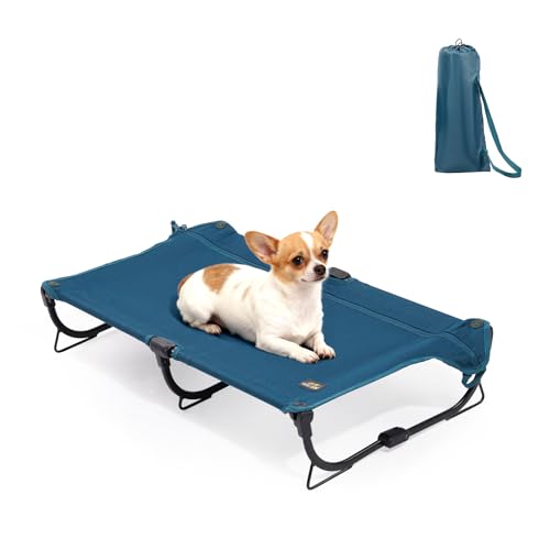 CANINE CANYON Daisy Cot, Medium Foldable Elevated Dog Bed, Portable Raised Outdoor Folding Dog Cot, Cooling, Chew Proof, Waterproof, Heavy Duty Up to 160 Lbs for Camping/Home, Dark Blue, 32"x 19"x6" - color: Blue, size: Medium