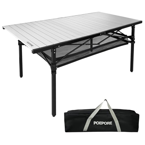 Large Folding Camping Table Aluminum with Storage for 4-6 People 55"X27.5" Roll Up Tall Outdoor Portable Table Lightweight with Carry Bag for Picnic BBQ Backyard Beach - color: Silver-55*27.5-2.08in Panel