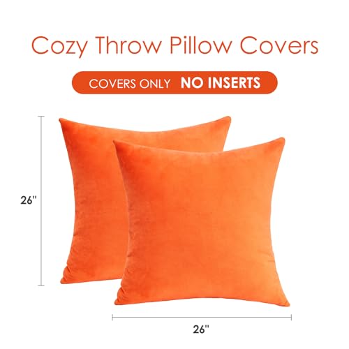 Fall Orange Throw Pillow Covers Decorative Velvet Set of 2 26x26 Inch Pillow Covers, Soft Burnt Orange Pillowcases for Couch Sofa Bed Living Room, Farmhouse Boho Decor, Accent Cushion Covers - color: Bright Orange, size: 26" x 26" (Pack of 2)