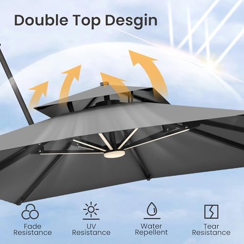 9x12 FT Cantilever Patio Umbrella with Base and Led Lights Double Top Outdoor Rectangular Large Heavy Duty Aluminum Offset Umbrellas with 7 Level Tilt 360-degree Rotation for Pool Garden Deck, Grey - color: Grey, size: 9' X 12'-with Light & Base