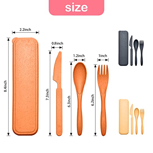 Reusable Travel Utensils Set with Case, 3 Sets Wheat Straw Portable Knife Fork Spoons Cutlery, Eco-Friendly BPA Free Plastic Tableware for Kids Adults Travel Picnic Camping Utensils - color: 3 Sets - Orange, Black, Yellow