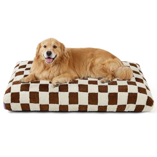 LE SURE Extra Large Dog Bed-Thick Shredded Chopped Foam Pet Bed Indoor with Removable Cover, Cute Modern Fuzzy Plush & Anti Slip Bottom, Brown - color: Brown Checks, size: 44.0"L x 32.0"W x 4.0"Th