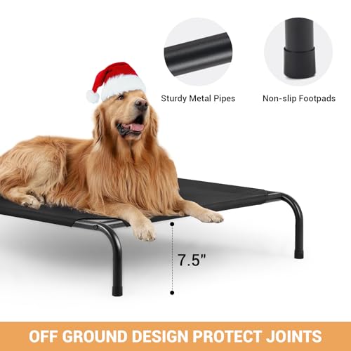 Outdoor Elevated Dog Bed, Cooling Breathable Raised Dogs Cot Beds for Large Dogs, Outside Portable Pet Hammock, Black Metal Frame, Skid-Resistant Feet, Easy Clean, Indoor Outdoor Use,51.1×31.5×7.4 in