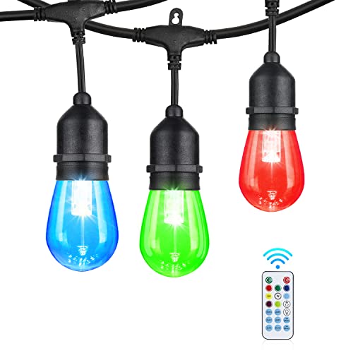 24FT Solar Outdoor String Lights, 12 Shatterproof Edison LED Bulbs, Dimmable RGB Color Changing Patio Lights Waterproof with Remote. for Patio Decor, Garden, Yard, Party, Bistro - size: S14 24FT