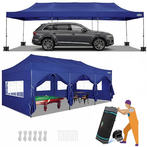 COBIZI 10x30 Pop up Carport 10x30 Canopy Tent with Sidewalls, Heavy Duty Party Tent Tents for Parties, Foldable UPF 50+ Waterproof Commercial Easy up Canopy with Roller Bag, Navy Blue - color: Navy Blue, size: 10ft x 30ft