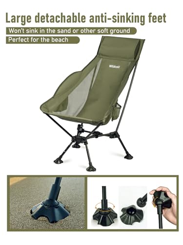 WildCall Lightweight Folding High Back Camping Chair with Head Support, Compact Beach Chair with Anti-Sinking Large Feet and Three Tilt Angles Adjustment - color: 2 X Green High Back