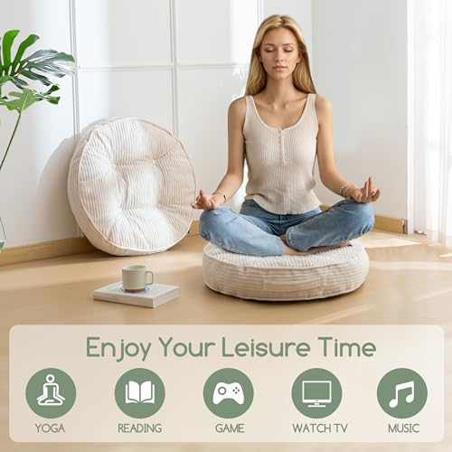 HIGOGOGO Floor Pillow Cushion for Adults, Meditation Cushion Pillow, Large Round Floor Sitting, Tufted Corduroy Cover, for Tatami Living Room or Yoga, 22x22 Inch, 2Pack, Beige - color: Round Beige, size: 4" Thick(pack of 2)