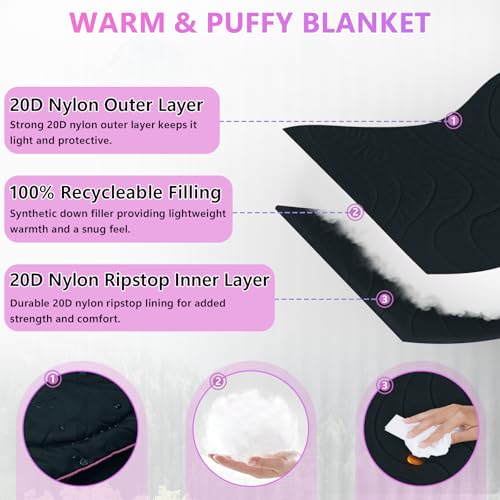 Camping Blanket, Packable Lightweight Down Alternative Puffy Camping Picnic Outdoor Blankets Warm Waterproof Hammock Top Quilt for Sleeping Travel Stadium Hiking Indoor Cold Weather 55"x78.8" - color: Black Blanket