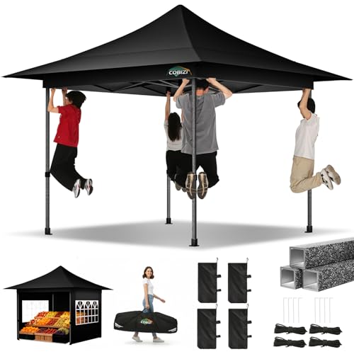 COBIZI 13x13 Pop Up Canopy Tent Heavy Duty with Sidewalls & Auto-Extending Eaves Outdoor Gazebo Easy Up for Backyard Party Commercial Events, All Weather Waterproof UV 50+ (Leg Upgraded) Black - color: Black, size: 13x13ft